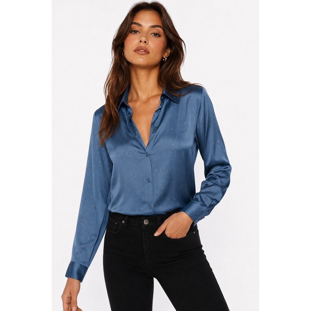 Skies Are Blue Jayden Satin Button Down Shirt Blue Rhinestone Embellished Medium